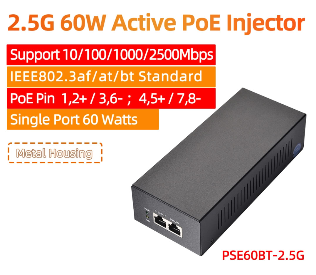 PSE60BT-2.5G PoE++ 2.5Gbps Single Port 60W PoE Active Injectors